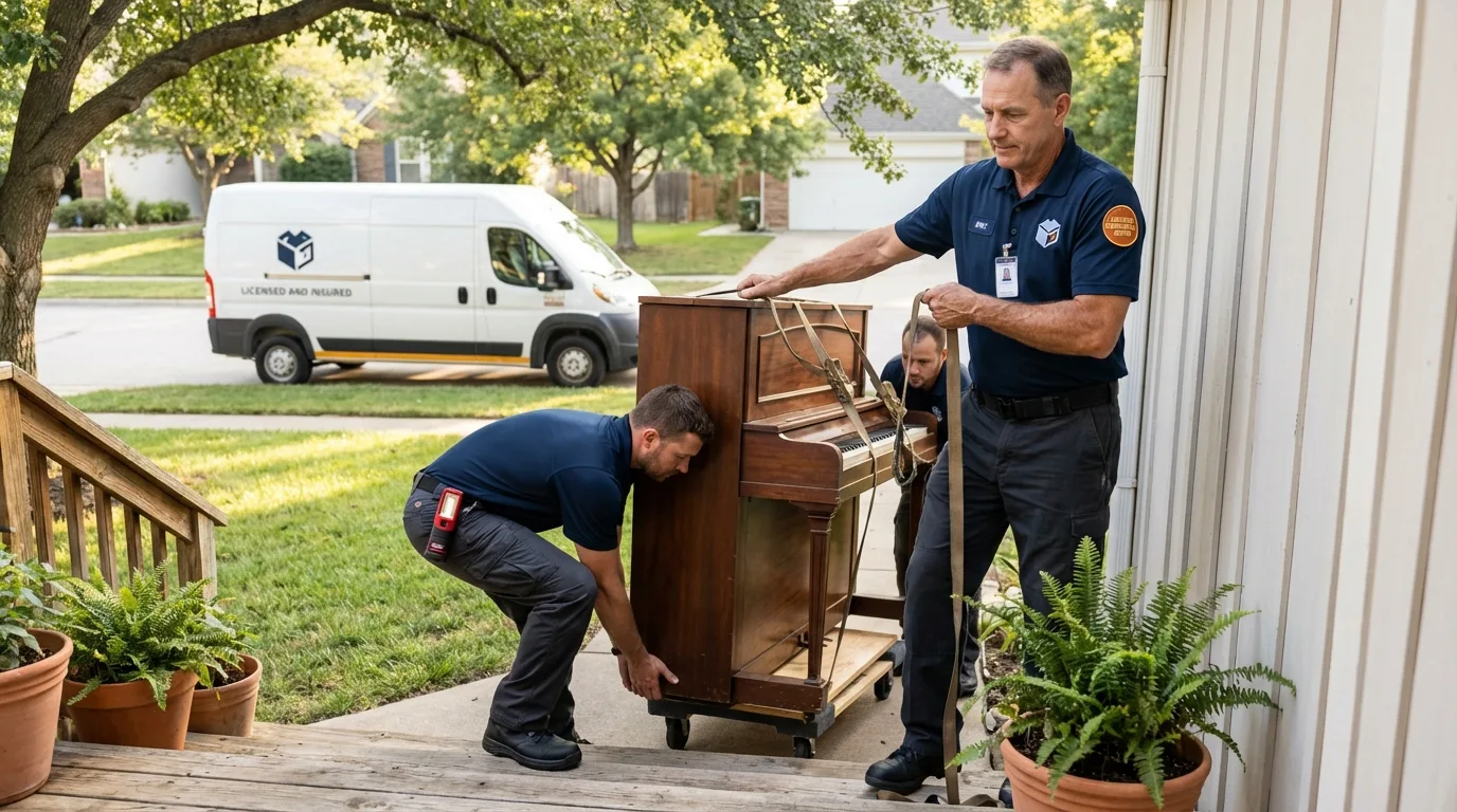 Licensed piano movers securing grand piano in Owosso, MI