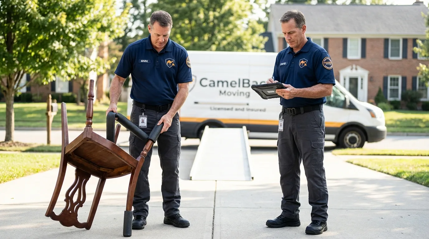 Movers inspecting furniture for damage prevention before loading in Owosso, MI