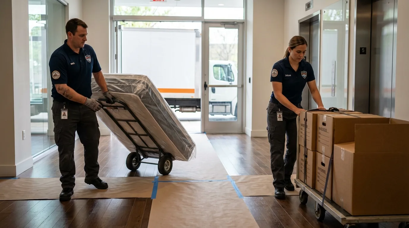 Professional apartment movers loading elevator in Owosso, MI