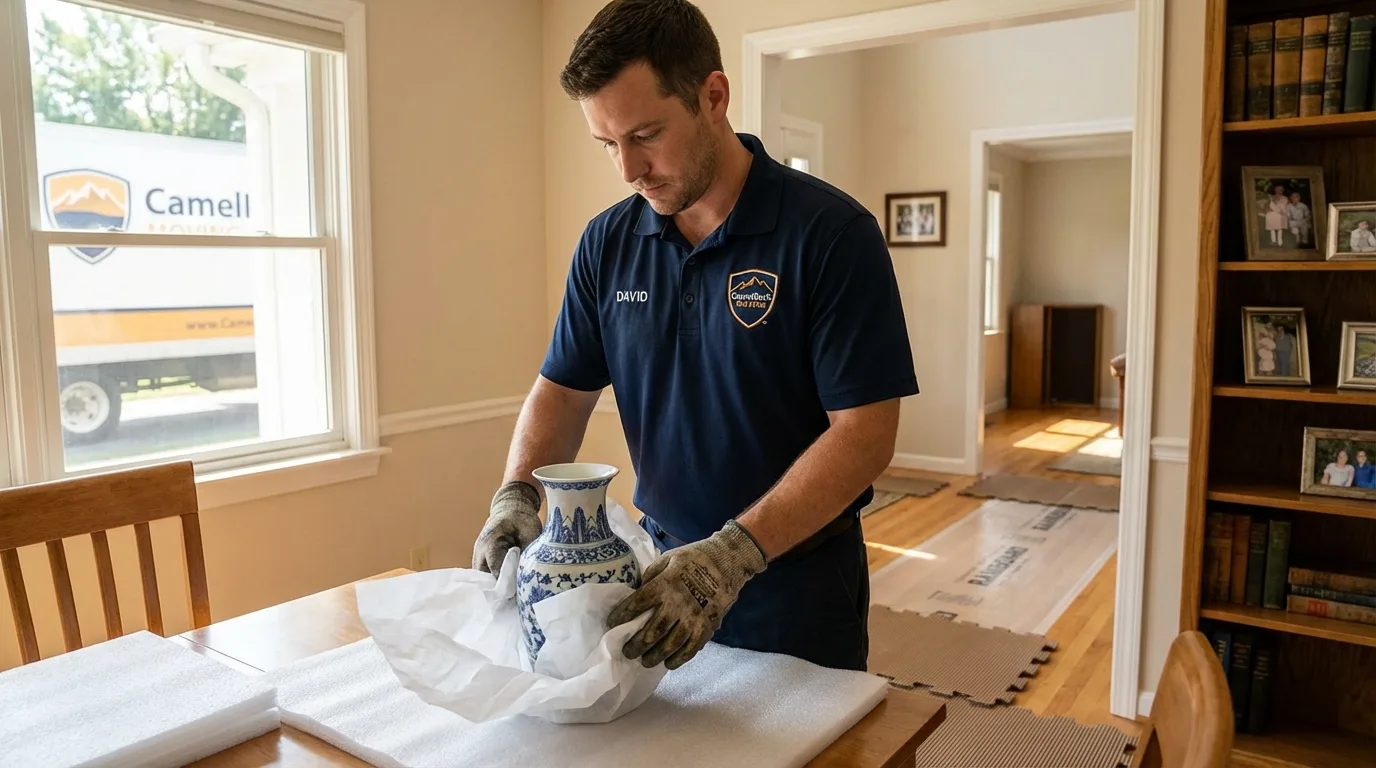 Professional crew carefully wrapping antique vase for senior downsizing move in Owosso, MI